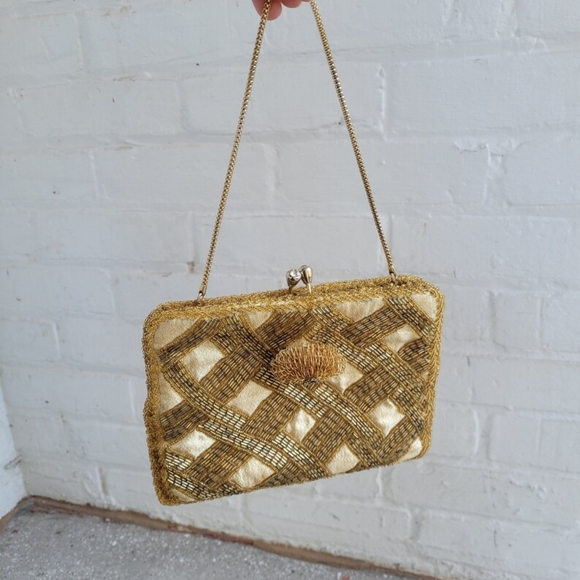 Gold vtg 1950's beaded clutch purse - Picture 2 of 9